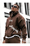 Erkek Kahverengi Los Angeles Baskılı Oversize Kapşonlu Sweatshirt