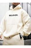 Erkek Believer Baskılı Oversize Kapşonlu Sweatshirt