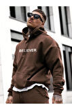 Erkek Believer Baskılı Oversize Kapşonlu Sweatshirt