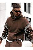 Erkek Kahverengi Kol Desenli Oversize Kapşonlu Sweatshirt