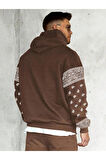 Erkek Kahverengi Kol Desenli Oversize Kapşonlu Sweatshirt