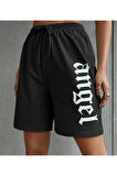 Siyah Kadın ,angel Baskılı Regular Fit Cepli Şort, Yazlık
