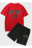 Erkek Kırmızı New York 19 Baskılı Şort T-shirt Takım