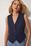 Kadın Lacivert V Yaka Düğmeli Dokuma Yelek