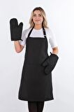 Simple 3'lü Set Ayar Askılı Cepli Mutfak Önlüğü Seti (2 ELDİVEN) Şef Garson Kafe Aşçı Barista