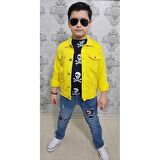 MODAVALS GABARDİN CEKETLİ KURU KAFA TASARIMLI ERKEK ÇOCUK KOT KOMBİN - SARI