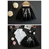 MODAVALS KIZ ÇOCUK DANTEL DETAYLI TÜL ETEK VE BLUZ KOMBİN - SİYAH