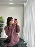 Omzu Dikiş Detaylı Üç İplik Şardonlu Uzun Oversize Sweatshirt