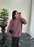 Omzu Dikiş Detaylı Üç İplik Şardonlu Uzun Oversize Sweatshirt