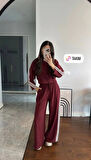 Bordo Yanları Şeritli Crop Sweat Pantolon Kadın Takım