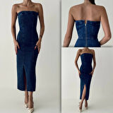 Straplez Yırtmaçlı Denim Elbise