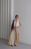 Yanı Yırtmaçlı Bol Kesim Bej Kadın Pantolon
