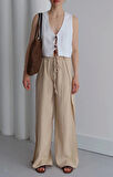 Yanı Yırtmaçlı Bol Kesim Bej Kadın Pantolon