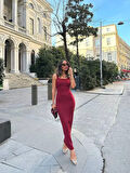 Bordo Askılı Yırtmaçlı Elbise