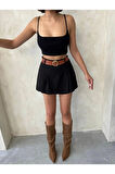 Siyah Gabardin Pileli Kadın Şort Etek