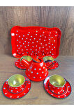 Kutulu 15 Parça Çay Seti Fincan Takımı Metal Evcilik Oyunu Kırmızı Puantiyeli Oyuncak Çay Seti