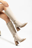Kadın Bej Cilt Küt Burun Diz Altı Topuklu Çizme 