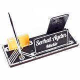 Leona Mermer Gümüş Ahşap Masa İsimliği Kalemli Telefonluklu Kartvizitlik İsimlik Masa Organizer