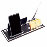 Leona Mermer Gümüş Ahşap Masa İsimliği Kalemli Telefonluklu Kartvizitlik İsimlik Masa Organizer