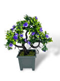 Yapay Çiçek Mor Çiçekli Bonsai Ağacı Dekoratif Yapay Ağaç Bonzai 29*24 CM Siyah Kare Saksıda