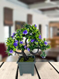 Yapay Çiçek Mor Çiçekli Bonsai Ağacı Dekoratif Yapay Ağaç Bonzai 29*24 CM Siyah Kare Saksıda