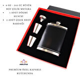 Perlotus 8 Oz 240 cc Rugan Siyah Hakiki Deri Viski Cep Matarası Shot Bardaklı Set Kutulu Babalar Günü Hediye