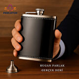 Perlotus 8 Oz 240 cc Rugan Siyah Hakiki Deri Viski Cep Matarası Shot Bardaklı Set Kutulu Babalar Günü Hediye
