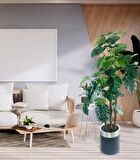 Yapay Çiçek Monstera Yeşil Deve Tabanı 3Katlı 135cm 54Yaprak Gümüş Kemerli Siyah Saksıda Yapay Bitki