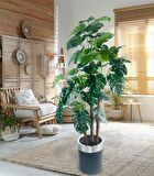 Yapay Çiçek Monstera Yeşil Deve Tabanı 3Katlı 135cm 54Yaprak Gümüş Kemerli Siyah Saksıda Yapay Bitki