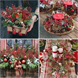 Yapay Çiçek Çam Dallı Kokina 9 Dal lı Demet 25*30cm Yılbaşı Çiçeği Red Berry