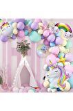 Gökkuşağı Konsepti Unicorn Temalı Makaron Balon Doğum Günü Parti Kutlama Seti