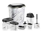 Omnipazar OZR-D053 X128 Beyaz Mermer Desenli 9 Parça Plastik Banyo Seti