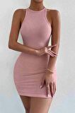Merry See Vücuda Oturan Diz Üstü Mini Örme Elbise Pembe
