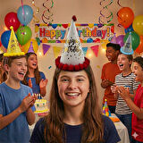 40 cm Baş Çevresi – 25 cm Kırmızı Varaklı Ponponlu Happy Birthday Doğum Günü Şapkası