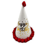 40 cm Baş Çevresi – 25 cm Kırmızı Varaklı Ponponlu Happy Birthday Doğum Günü Şapkası