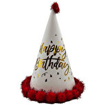 40 cm Baş Çevresi – 25 cm Kırmızı Varaklı Ponponlu Happy Birthday Doğum Günü Şapkası