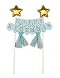 Pasta Üstü Çubuklu Happy Birthday Yıldızlı Tüllü Mavi Süs Doğum Günü Parti Dekoru