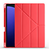 Samsung Galaxy Tab S9 FE Plus Uyumlu Tablet Kılıfı Tri Folding Kalem Bölmeli Kılıf Kırmızı
