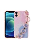 Apple iPhone 11 Uyumlu Kılıf Simli Desenli El Askılı Tutacaklı Elsa Silikon Kapak Pembe