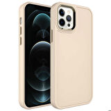 Apple iPhone 12 Pro Max Uyumlu Kılıf Metal Çerçeve ve Buton Tasarımlı Sert Botox Kapak Krem