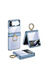 Samsung Galaxy Z Flip 4 Uyumlu Kılıf Kıpta Yüzüklü Lens Korumalı Kapak Mavi