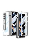 Samsung Galaxy Z Fold 4 Uyumlu Kılıf Kıpta Standlı Kalem Bölmeli Kapak Gümüş