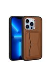 Apple iPhone 13 Pro Uyumlu Kılıf Kartlıklı Standlı Pu Deri Memo Kapak Kahverengi