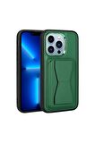 Apple iPhone 13 Pro Max Uyumlu Kılıf Kartlıklı Standlı Pu Deri Memo Kapak Koyu Yeşil