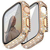 Apple Watch 41 Mm Uyumlu Ekran Koruyucu & Kasa Korumalı Taşlı Luxury Şık Tasarım Koruyucu Rose Gold