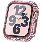 Apple Watch 45 Mm Uyumlu Ekran Koruyucu & Kasa Korumalı Taşlı Luxury Şık Tasarım Koruyucu Pembe