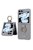 Samsung Galaxy Z Flip 5 Uyumlu Kılıf Kıpta Yüzüklü Flip Sert Kapak Gri
