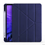 Apple iPad Air 11 2024 Uyumlu Tablet Kılıfı Tri Folding Kalem Bölmeli Standlı Katlanabilir Kılıf Lacivert