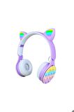 B30 RGB Led Işıklı Kedi Kulağı Band Tasarımı Ayarlanabilir Katlanabilir Kulak Üstü Bluetooth Kulaklık Mor