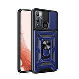 Infinix Hot 12 Uyumlui Kılıf Magnetik Standlı Kamera Korumalı Zore Sürgülü Vega Kapak Mavi